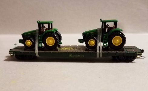 Athearn 53' Flat Car with 2 John Deere 7820 Row Crop tractors