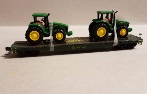 Athearn 53' Flat Car with 2 John Deere 7820 Row Crop tractors