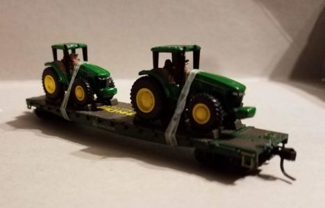 Athearn 53' Flat Car with 2 John Deere 7820 Row Crop tractors
