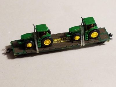 Athearn 53' Flat Car with 2 John Deere 7820 Row Crop tractors